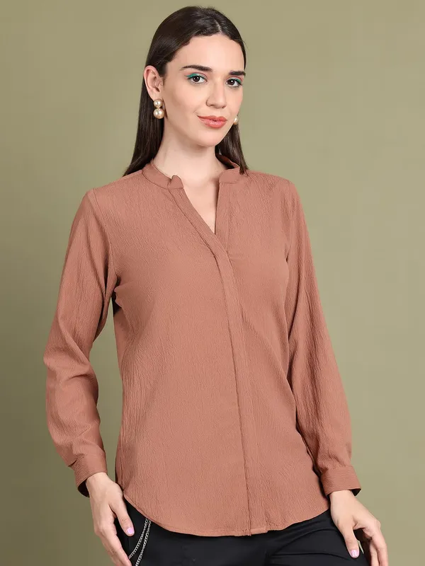 Beige_Polyester_Solid_Top_For_Women