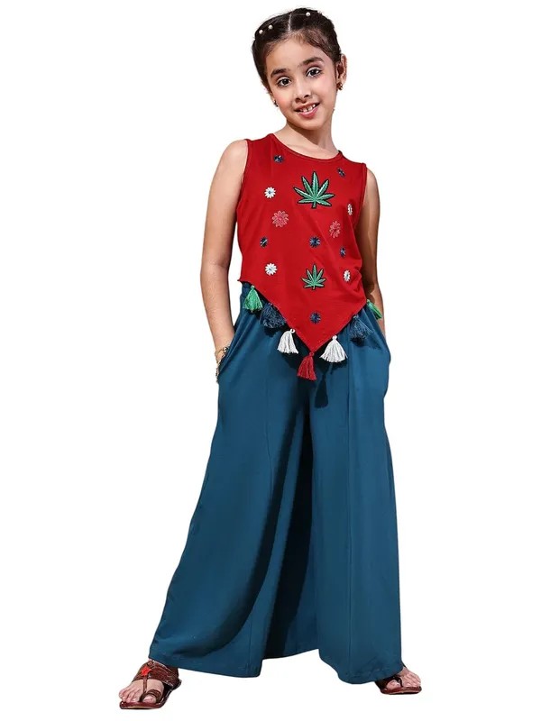 Red_And_Teal_Cotton_Blend_Solid_Clothing_Set_For_Kids