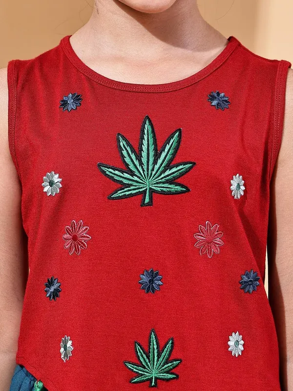Red_And_Teal_Cotton_Blend_Solid_Clothing_Set_For_Kids