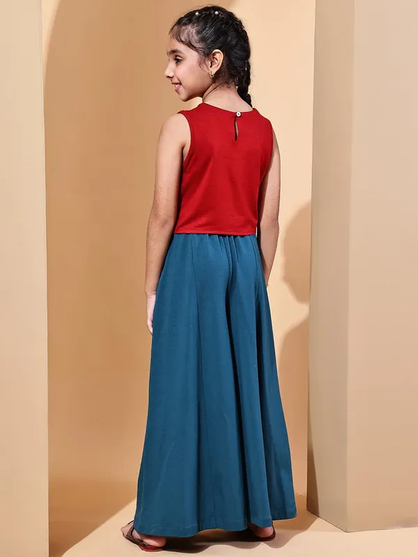 Red_And_Teal_Cotton_Blend_Solid_Clothing_Set_For_Kids