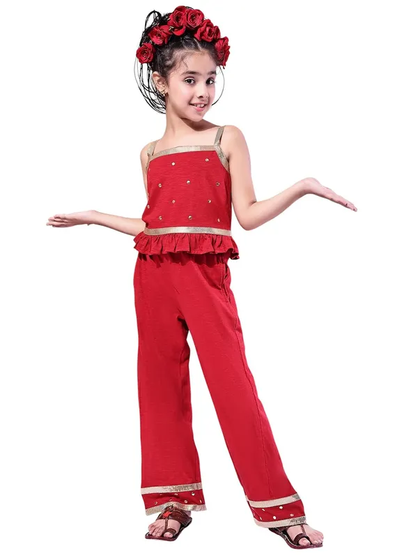 Red_Cotton_Blend_Solid_Clothing_Set_For_Kids