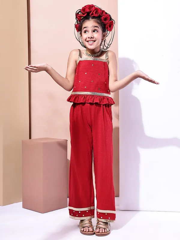 Red_Cotton_Blend_Solid_Clothing_Set_For_Kids