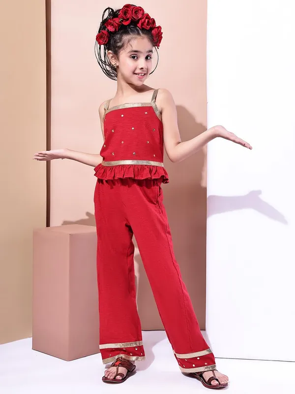 Red_Cotton_Blend_Solid_Clothing_Set_For_Kids