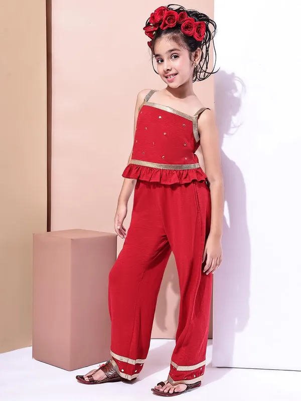Red_Cotton_Blend_Solid_Clothing_Set_For_Kids
