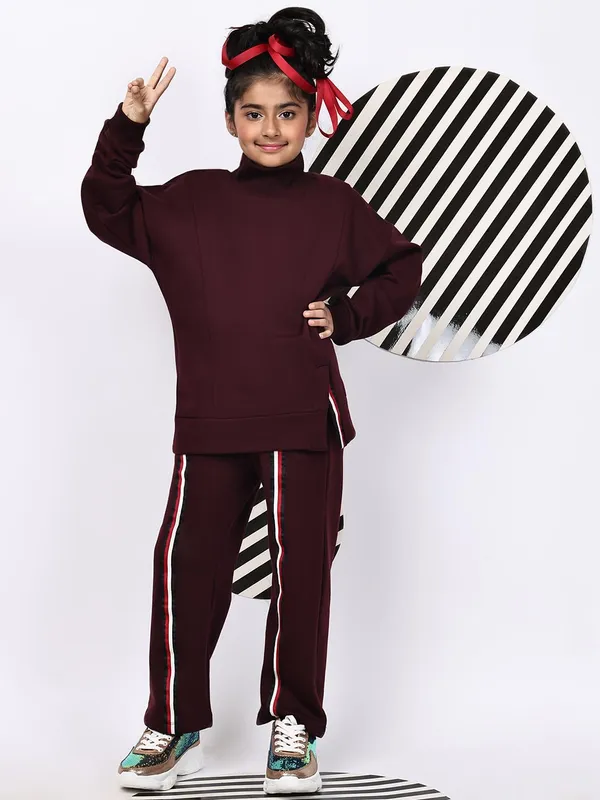 Wine_Cotton_Blend_Solid_Clothing_Set_For_Kids