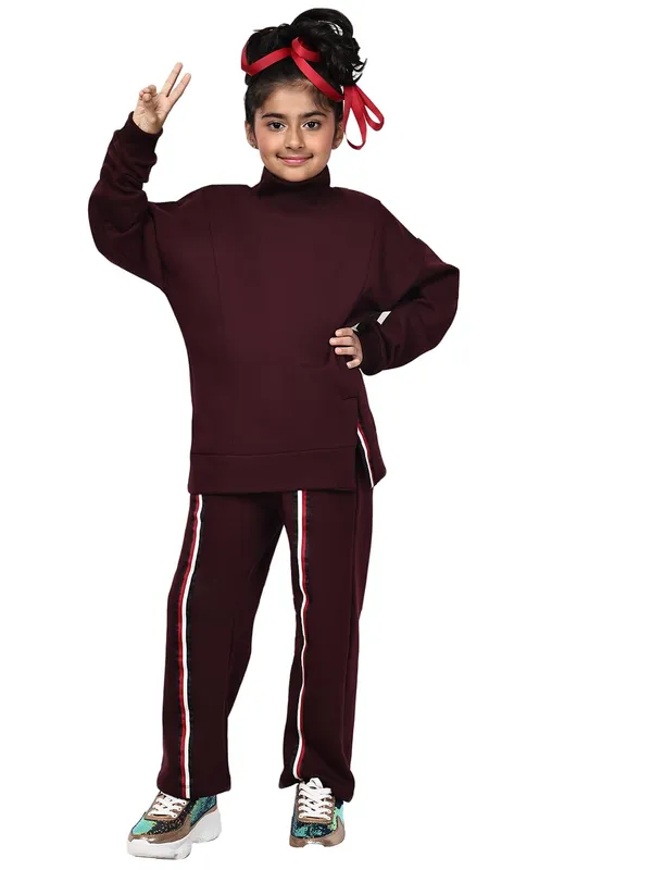 Wine_Cotton_Blend_Solid_Clothing_Set_For_Kids