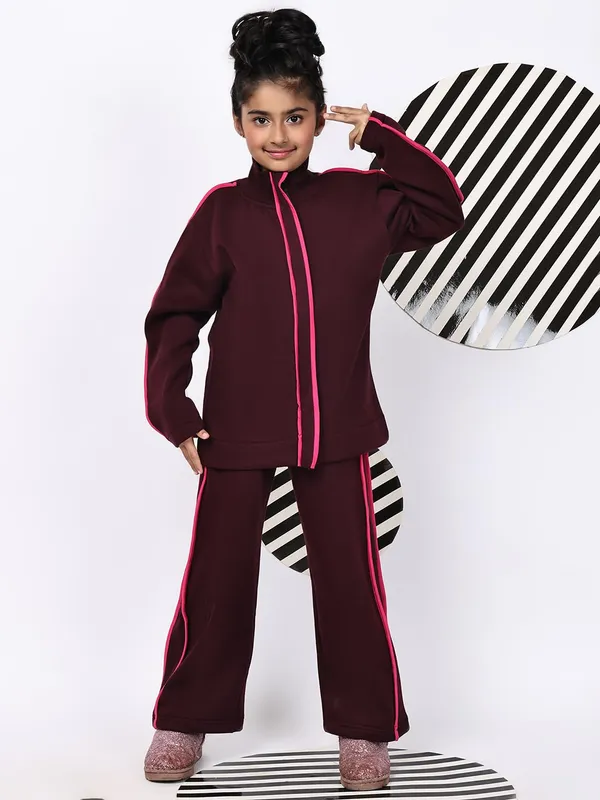 Wine_Cotton_Blend_Solid_Clothing_Set_For_Kids