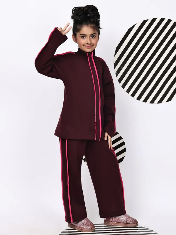 Wine_Cotton_Blend_Solid_Clothing_Set_For_Kids