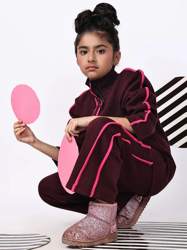 Wine_Cotton_Blend_Solid_Clothing_Set_For_Kids