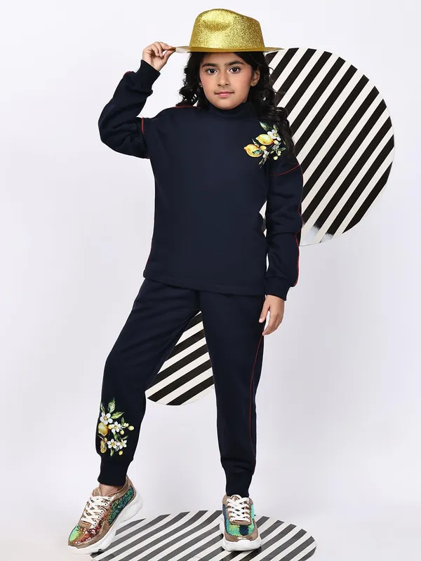 Navy_Blue_Cotton_Blend_Solid_Clothing_Set_For_Kids