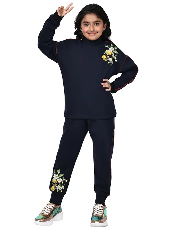Navy_Blue_Cotton_Blend_Solid_Clothing_Set_For_Kids