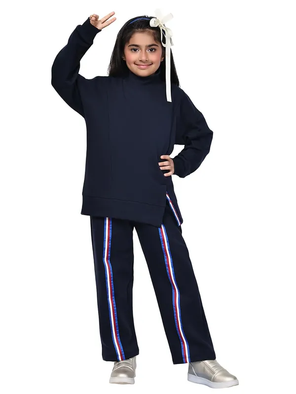 Navy_Blue_Cotton_Blend_Solid_Clothing_Set_For_Kids