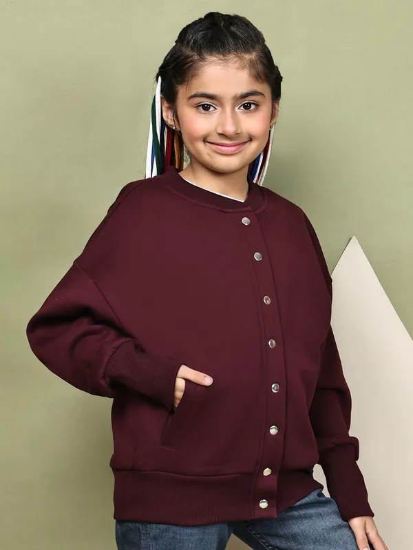 Wine_Fleece_Solid_Jacket_For_Kids