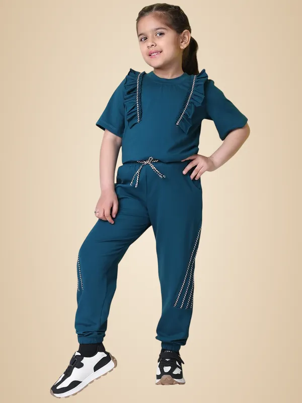 Teal_Cotton_Blend_Solid_Clothing_Set_For_Kids