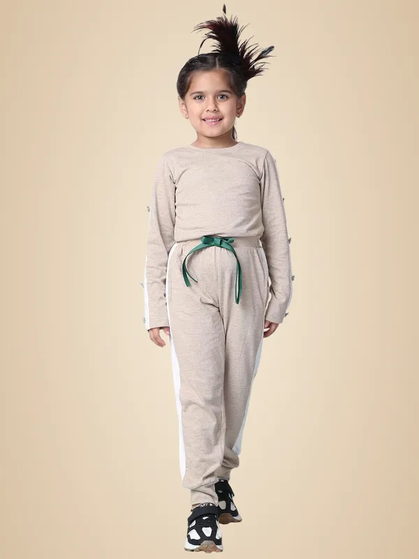 Beige_Melange_Cotton_Blend_Solid_Clothing_Set_For_Kids
