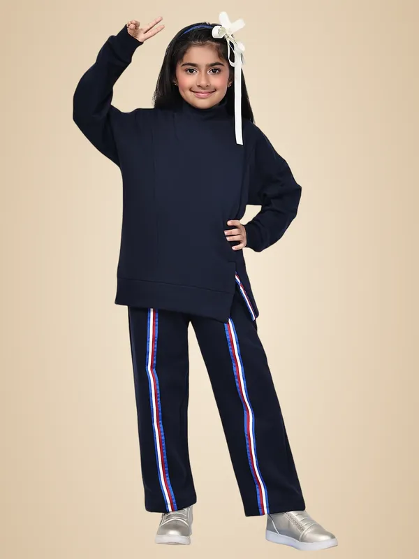 Navy_Blue_Cotton_Blend_Solid_Clothing_Set_For_Kids