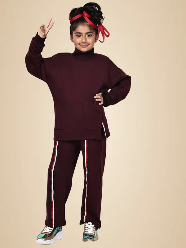 Wine_Cotton_Blend_Solid_Clothing_Set_For_Kids