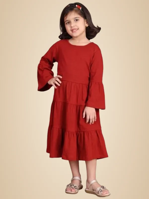 Tan_Cotton_Blend_Solid_Dress_For_Kids