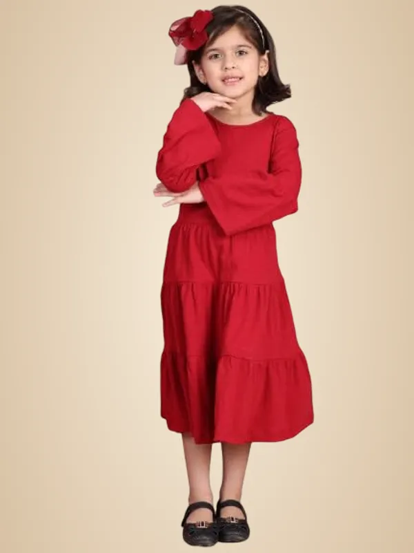 Red_Cotton_Blend_Solid_Dress_For_Kids