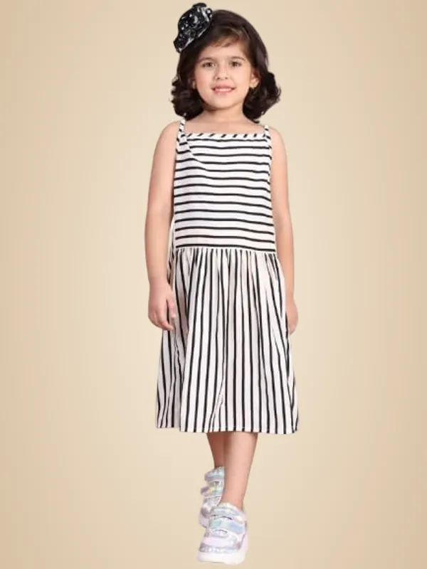 White_Polyester_Striped_Dress_For_Kids