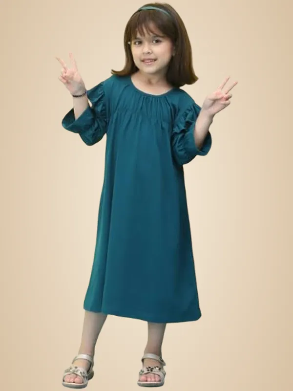 Teal_Cotton_Blend_Solid_Dress_For_Kids