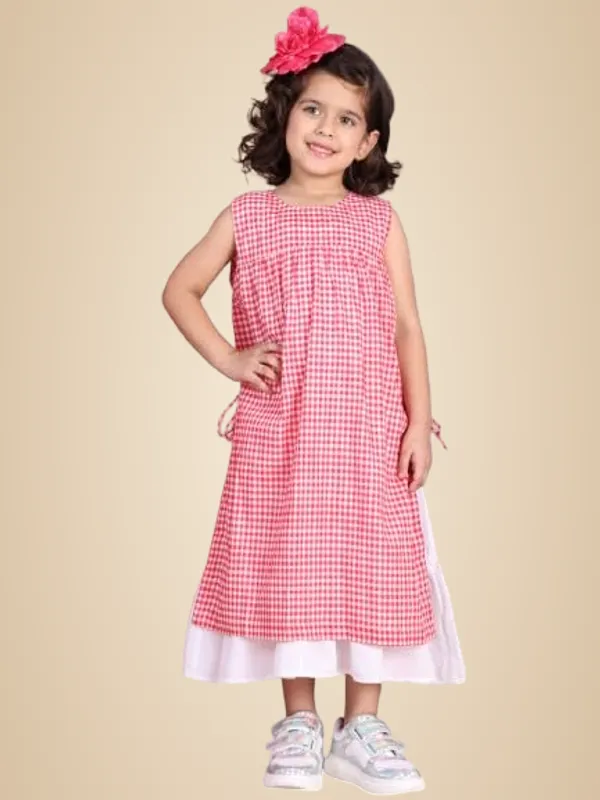 Red_&_White_Polyester_Check_Dress_For_Kids