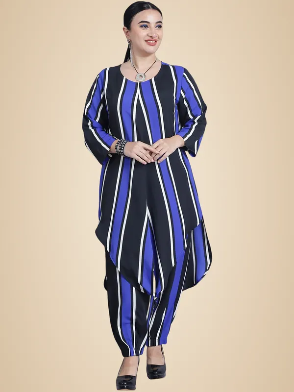 Blue_Polyester_Striped_Clothing_Set_For_Women