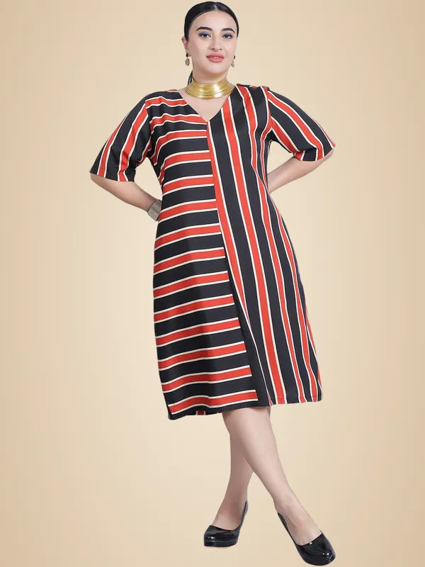 Rust_Polyester_Striped_Dress_For_Women