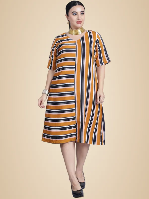 Mustard_Polyester_Striped_Dress_For_Women