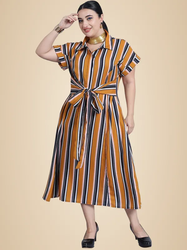 Mustard_Polyester_Striped_Dress_For_Women