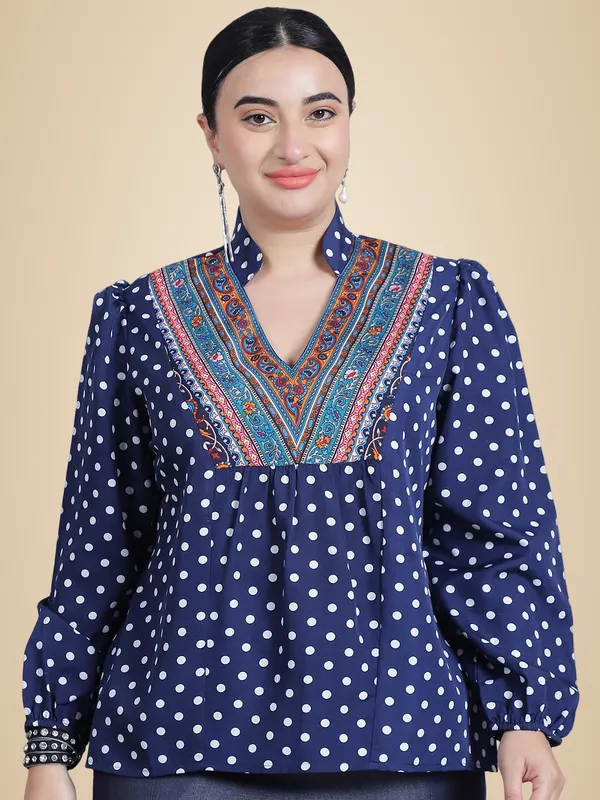 Blue_Polyester_Polka_Dots_Top_For_Women