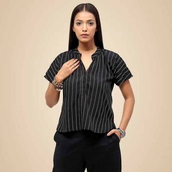 Black_Polyester_Striped_Top_For_Women