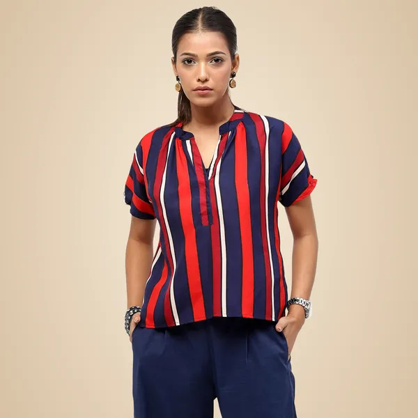 Red_Polyester_Striped_Top_For_Women