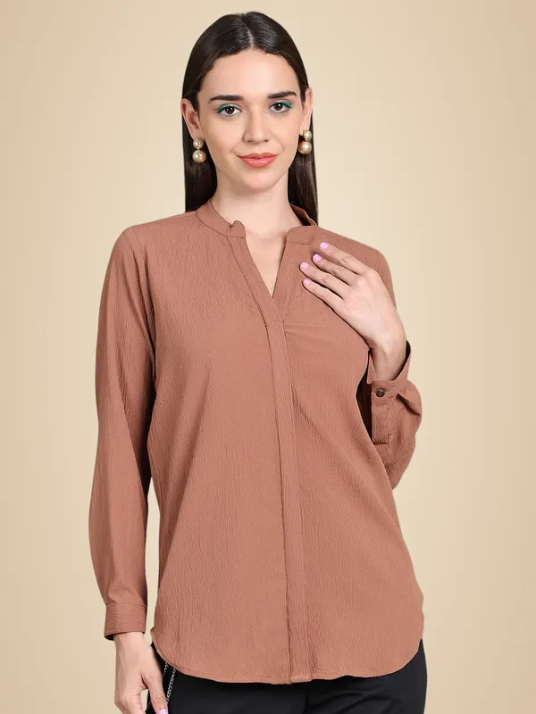 Beige_Polyester_Solid_Top_For_Women