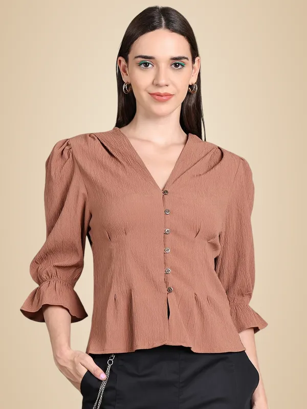 Beige_Polyester_Solid_Top_For_Women