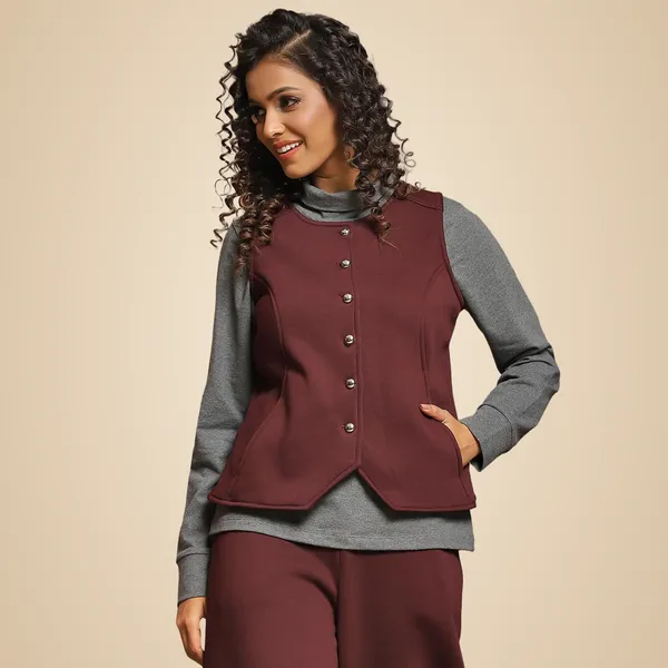 Maroon_Cotton_Blend_Solid_Waistcoat_For_Women