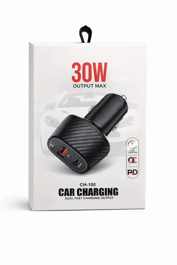 Ch-100_Dual_Port_Fast_Car_Charger_-_30W_Pd_&_Qc_3.0_With_Carbon_Fiber_Design