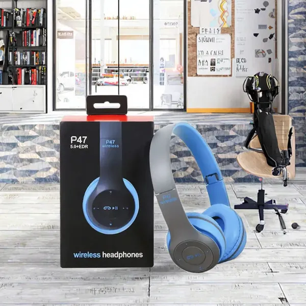 P47_Wireless_Bluetooth_Headphones_-_Blue_&_Grey_Foldable_Over-Ear_Headset_With_Multi-Function_Controls