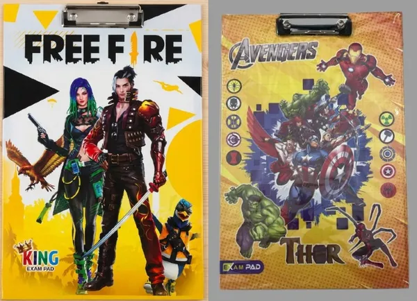 Pack_Of_5+5_Multicolor_Marvels_Avenger_and_Free_Fire_Exam_Pad_With_Clip_23x36_Cm