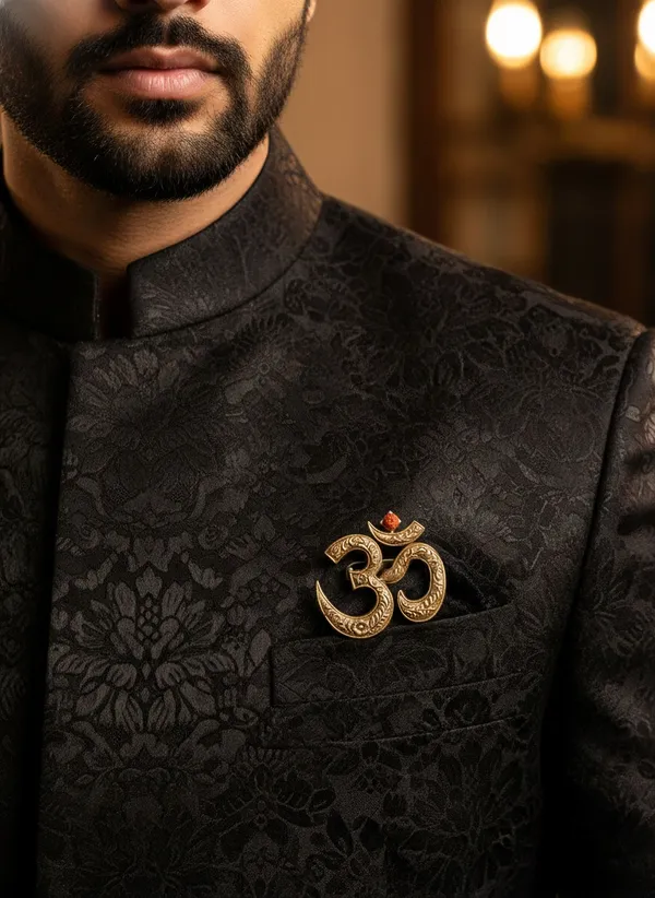 Golden_Divine_Om_Symbol_Brooch_With_Rudraksha_|_Antique_Gold_Spiritual_Pin