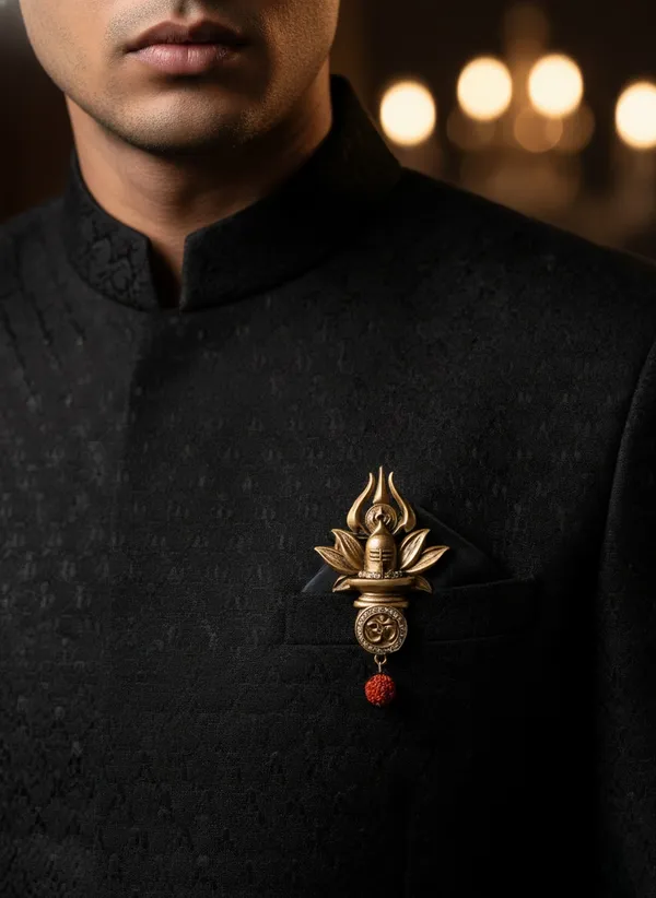 Golden_Divine_Shivling_And_Trishul_Brooch_With_Om_And_Rudraksha_|_Spiritual_Pin
