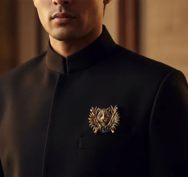 Golden_Royal_Bengal_Tiger_And_Bamboo_Crest_Brooch_|_Antique_Gold_Sherwani_Pin
