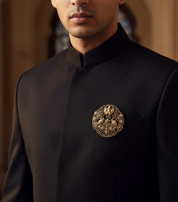 Golden_Royal_Twin_Peacock_And_Lotus_Medallion_|_Antique_Gold_Sherwani_Pin