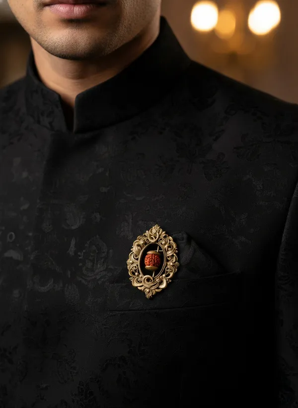Golden_Divine_Rudraksha_And_Floral_Medallion_Brooch_|_Antique_Gold_Spiritual_Pin