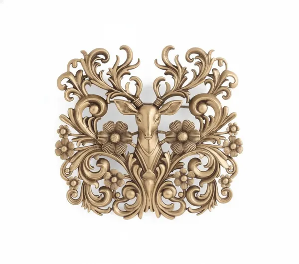 Golden_Vintage_Baroque_Deer_And_Flower_Emblem_Ornate_Pin