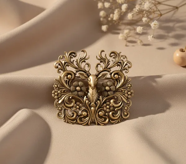 Golden_Vintage_Baroque_Deer_And_Flower_Emblem_Ornate_Pin