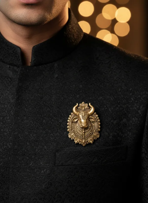 Golden_Royal_Nandi_Bull_Head_Brooch_|_Antique_Gold_Sherwani_Pin