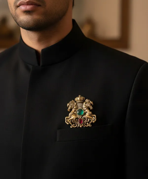 Golden_Royal_Twin_Steed_And_Crown_Brooch_|_Emerald_And_Ruby_Stone_Sherwani