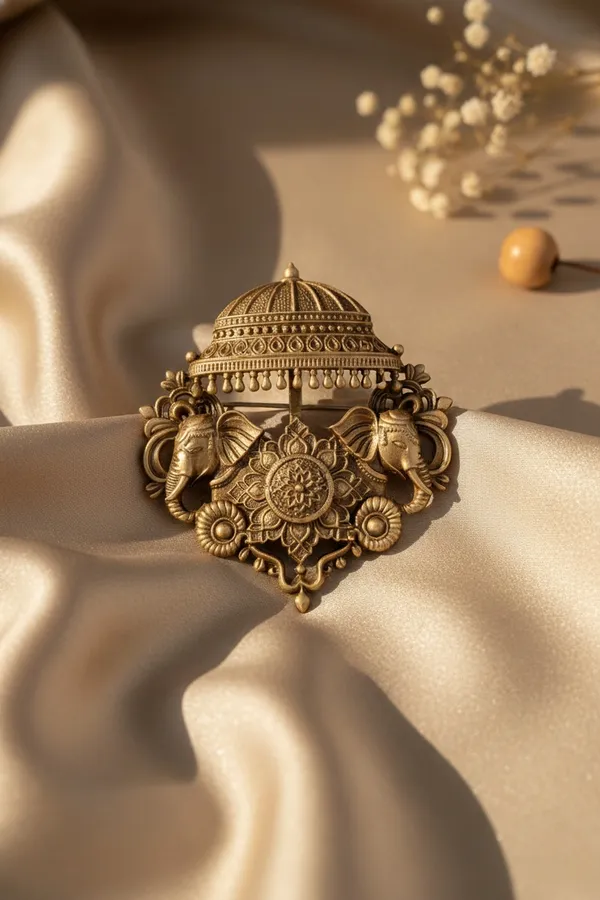 Golden_Royal_Twin_Elephant_And_Chhatri_Brooch_|_Antique_Gold_Sherwani_Pin