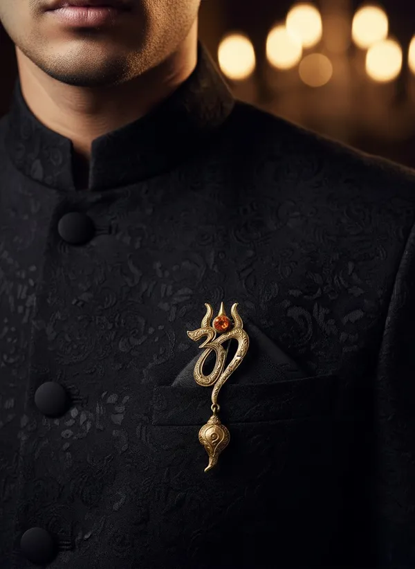 Golden_Divine_Om_And_Trishul_Brooch_With_Shankh_Drop_|_Rudraksha_Spiritual_Pin
